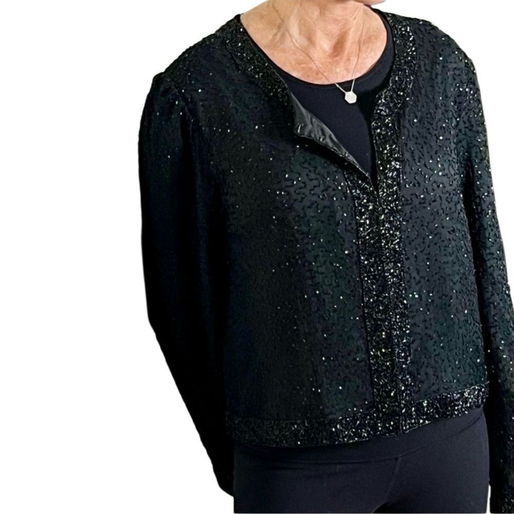 Vintage Beaded Silk jacket Stenay Black Cocktail Evening Party Boxy Lined M